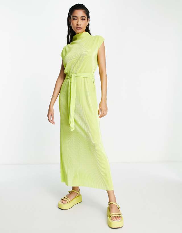 River Island tie waist plisse column midi dress in lime