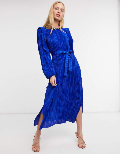 River Island tie waist shoulder padded mini dress in blue | ASOS