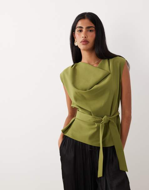 River Island tie waist tailored top in khaki  - view 1