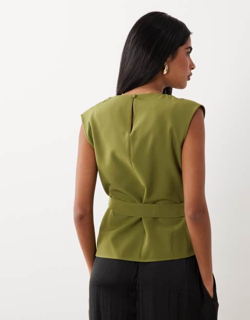 River Island tie waist tailored top in khaki , 4 of 4