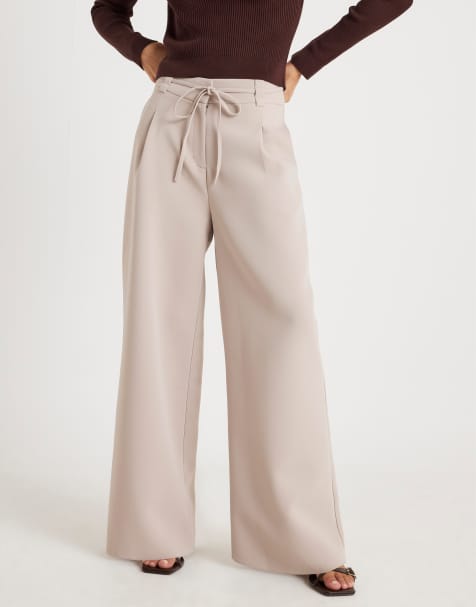 River Island Tie waist wide leg trousers in beige