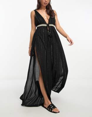 River Island - Tief ausgeschnittener Strand-Jumpsuit in Schwarz mit weitem Bein