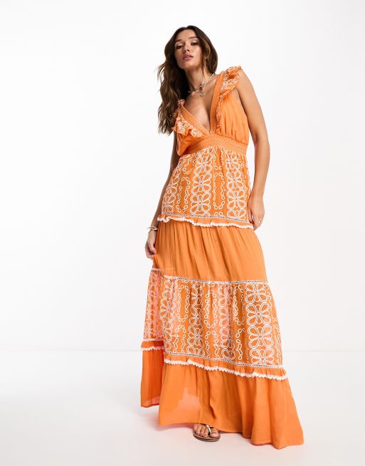 River Island tiered embroidered beach dress in orange ASOS