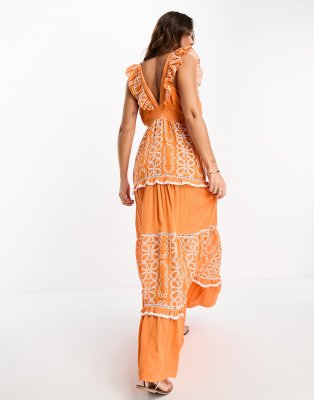 River Island tiered embroidered beach dress orange | ASOS