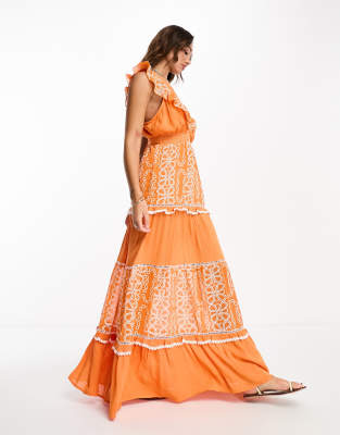 River Island tiered embroidered beach dress orange | ASOS