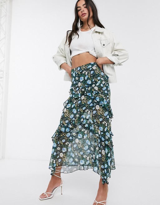River Island tiered floral midi skirt in navy
