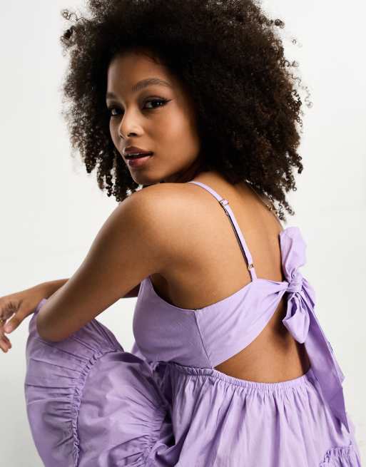 River Island tiered mini beach dress with bow back in lilac ASOS