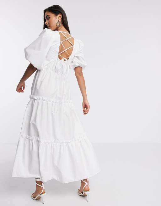 River Island tiered poplin maxi dress in white | ASOS