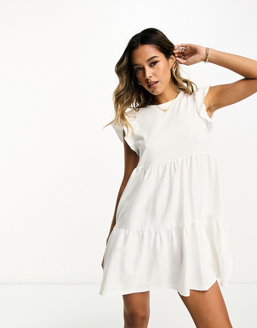 River Island Frill Sleeve Tiered Smock Mini Dress In White