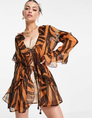 River Island tiger print metallic thread beach kaftan top in brown