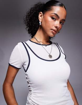 River Island tipped 2 in 1 t-shirt and tank top in white - view 1
