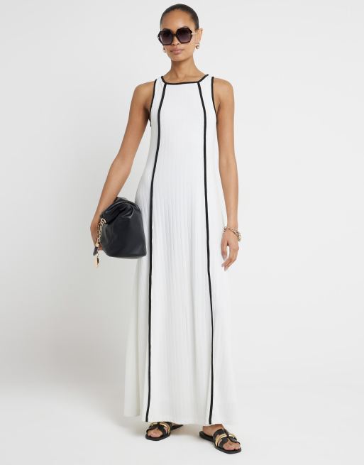 River Island Tipped ribbed maxi swing dress in white