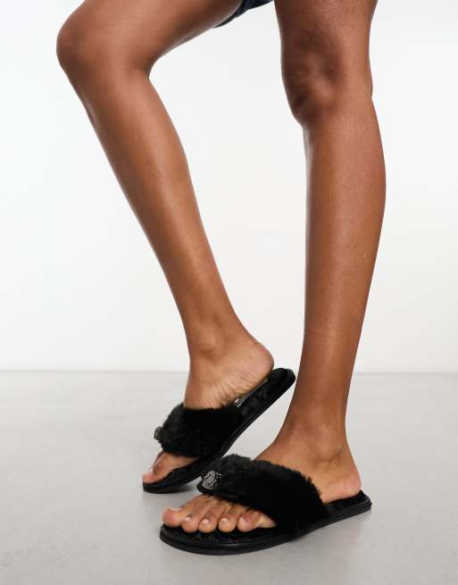 River Island toe thong fluffy slippers in black ASOS