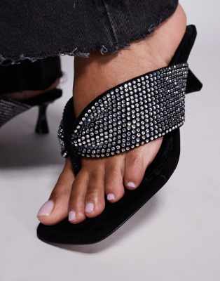 River Island Toe Thong Heeled Sandal With Diamante Detail In Black