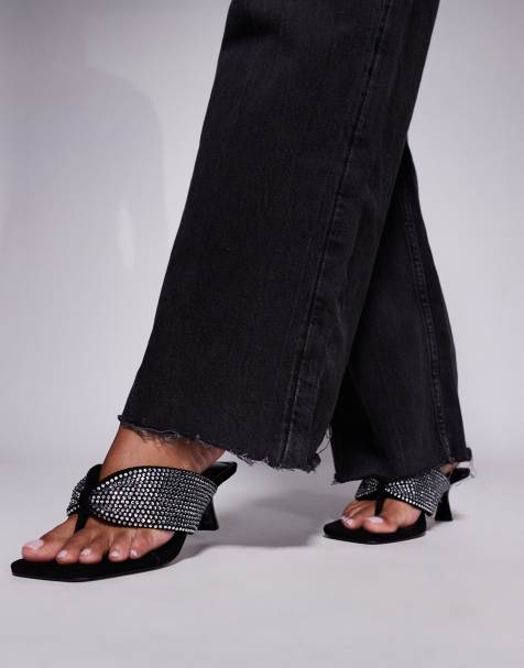 River Island toe thong heeled sandals with diamante detail in black - view 1