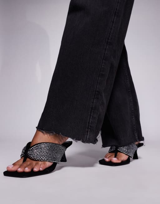 River Island toe thong heeled sandals with diamante detail in black