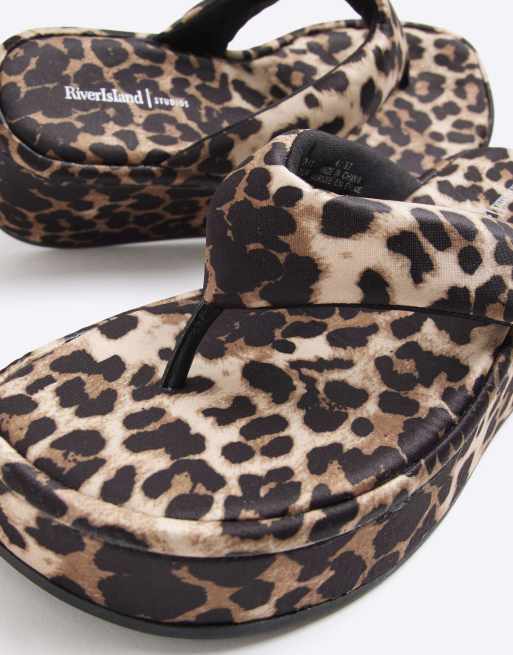 River Island Toe thong leopard print sandals in brown light