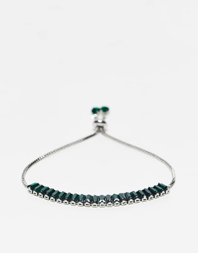 River Island toggle bracelet with green baguette crystal in silver tone