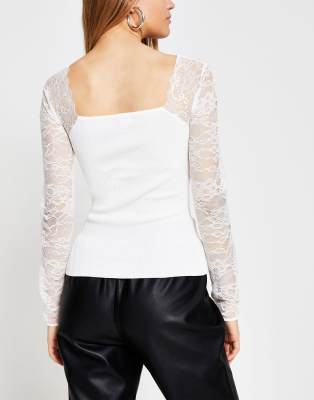 Top a body crema con maniche in pizzo-Bianco - River Island T-shirt donna  - immagine3