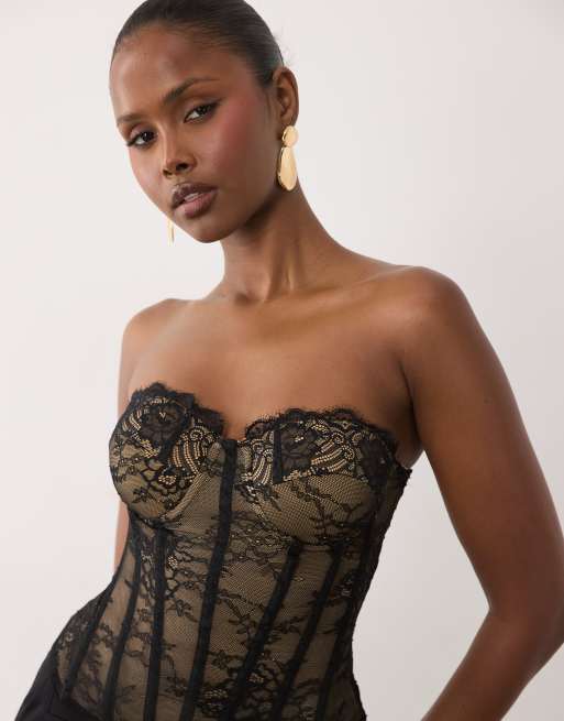 River Island - Top a corsetto nero con dettagli in pizzo
