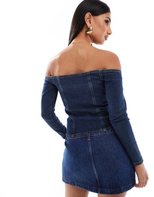River Island - Top à épaules dénudées en jean - Bleu foncé délavé, 4 de 4