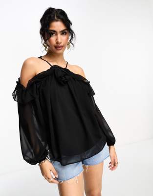Haut Femme River Island Gris Brodé - Épaules Froisses (off-shoulder) - Taille UK 12 - Neuf Sans étiquette