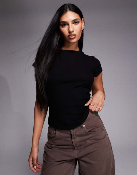 River Island - Top a maniche corte nero a coste - view 1