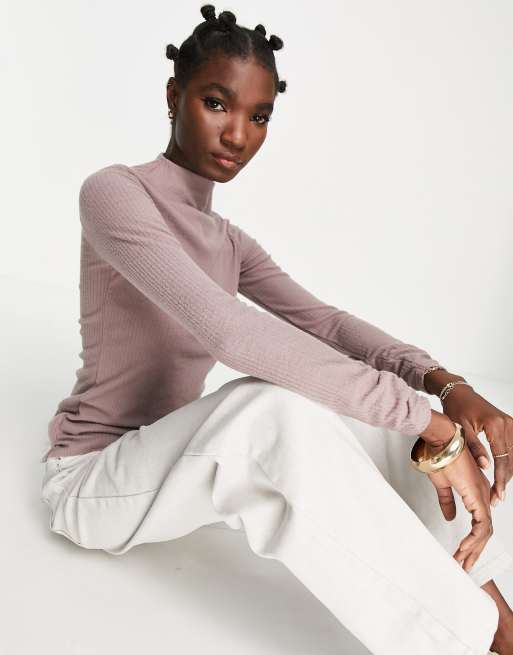 River Island - Top accollato a maniche lunghe in tessuto spazzolato color moka