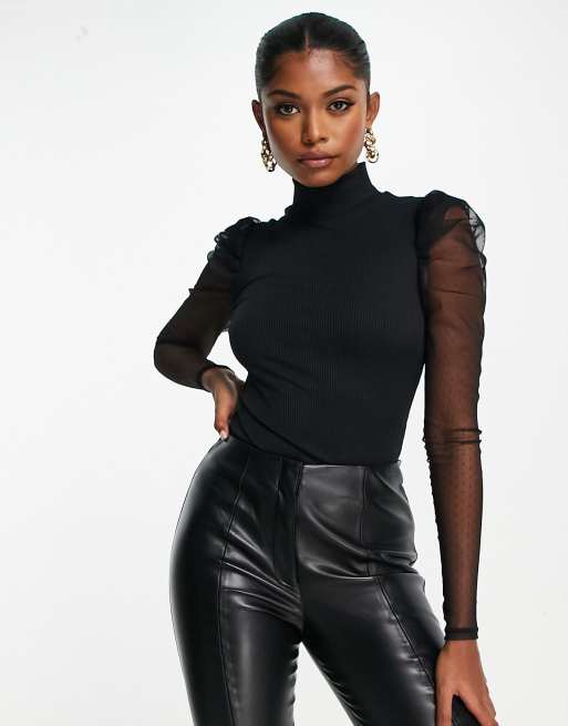 River Island - Top accollato nero con maniche a sbuffo in rete