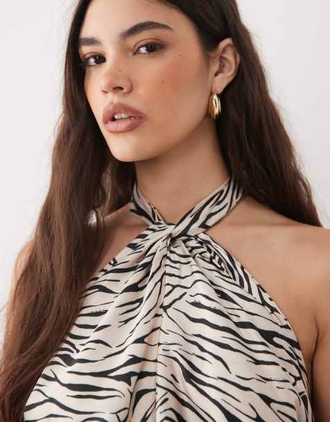 River Island - Top allacciato al collo marrone con stampa animalier in coordinato - view 1