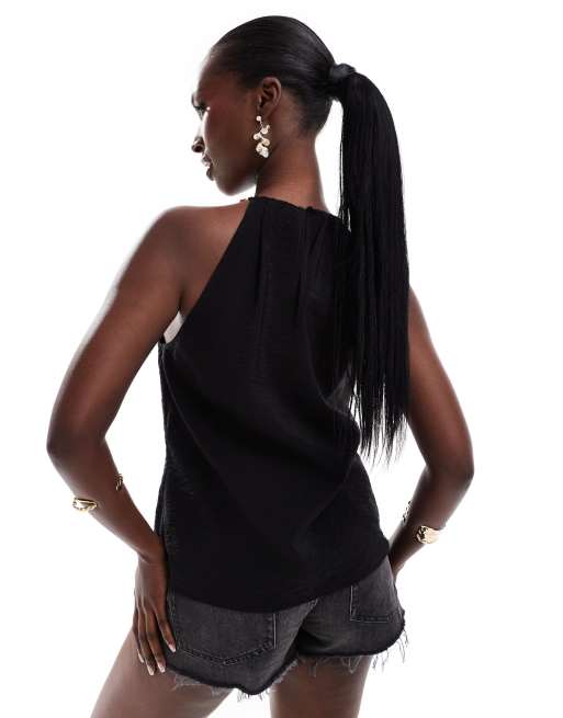 River Island - Top allacciato al collo nero con finiture con conchiglie sul collo, 3 di 4