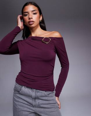 River Island - Top asymétrique drapé - Bordeaux-Rouge