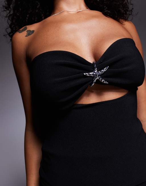 River Island - Top bandeau d'ensemble côtelé avec étoile de mer en métal - Noir, 4 de 4