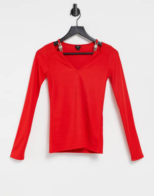 River Island cut out hardware v neck top in red - ASOS Price Checker