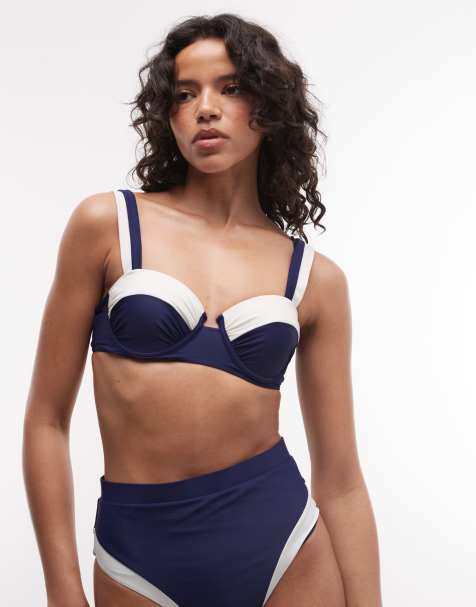 River Island - Top de bikini balconette azul marino con diseño color block - view 1