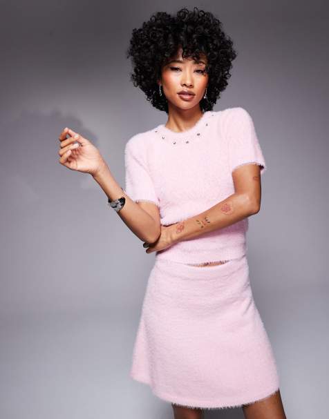 River Island - Top d'ensemble à manches courtes en maille duveteuse - Rose moyen - view 1