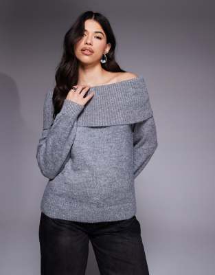 River Island - Top en maille à encolure Bardot - Gris