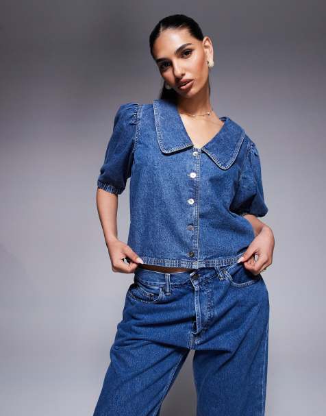River Island - Top in denim blu lavaggio medio con maniche a sbuffo - view 1
