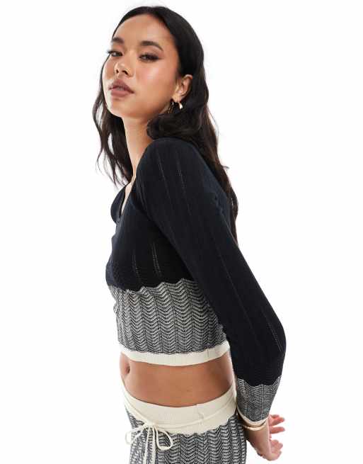 River Island - Top in maglia con motivo a spina di pesce nero in coordinato