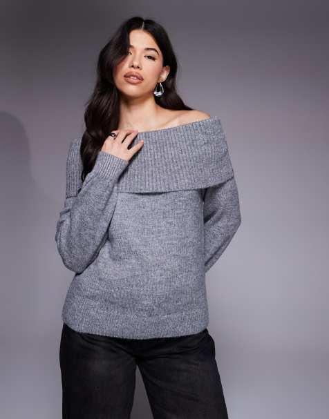 River Island - Top in maglia grigio con scollo alla Bardot - view 1