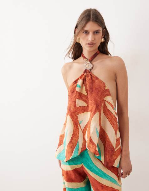 River Island - Top met halternek en wervelprint in bruin, deel van co-ord set - view 1