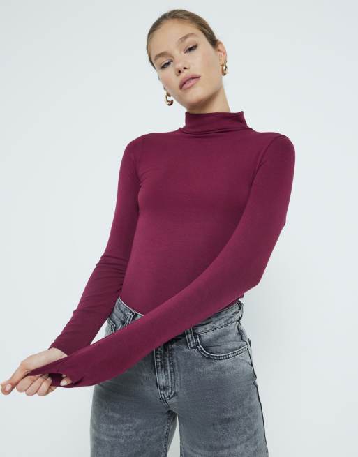 River Island - Top met lange mouwen en col in donkerrood