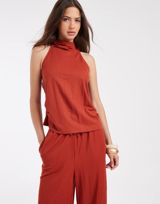 River Island - Co-ord set van top met halternek en broek met wijde pasvorm van linnen in roestbruin, 2 van 3