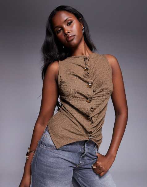 River Island - Top met textuur en knoopsluiting aan de voorkant in bruin - view 1