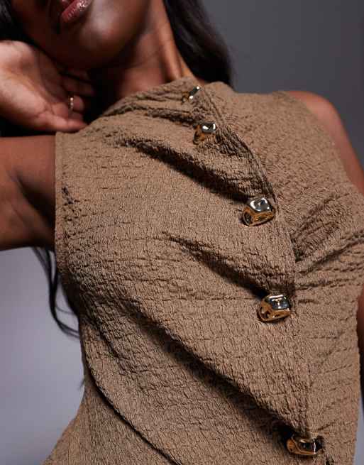 River Island - Top met textuur en knoopsluiting aan de voorkant in bruin, 3 van 4