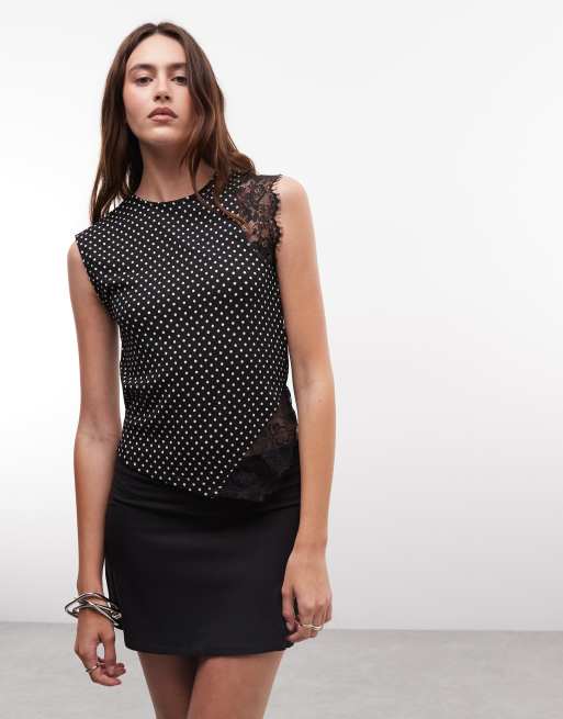 River Island - Top negro con detalle de encaje y lunares, 2 de 4