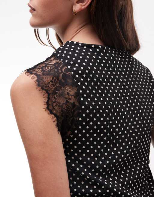 River Island - Top negro con detalle de encaje y lunares, 3 de 4