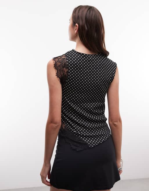 River Island - Top negro con detalle de encaje y lunares, 4 de 4