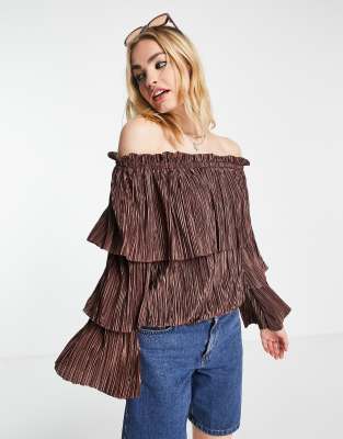Top plissé marrone con scollo alla Bardot - River Island Camicia donna  - immagine1