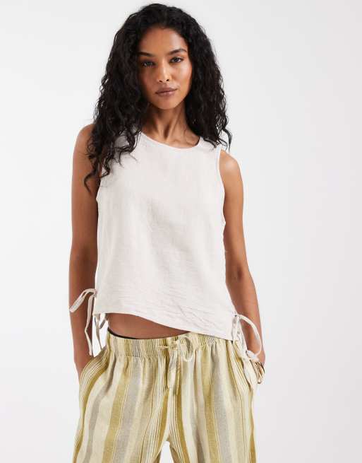 River Island - Top senza maniche in misto lino color pietra in coordinato